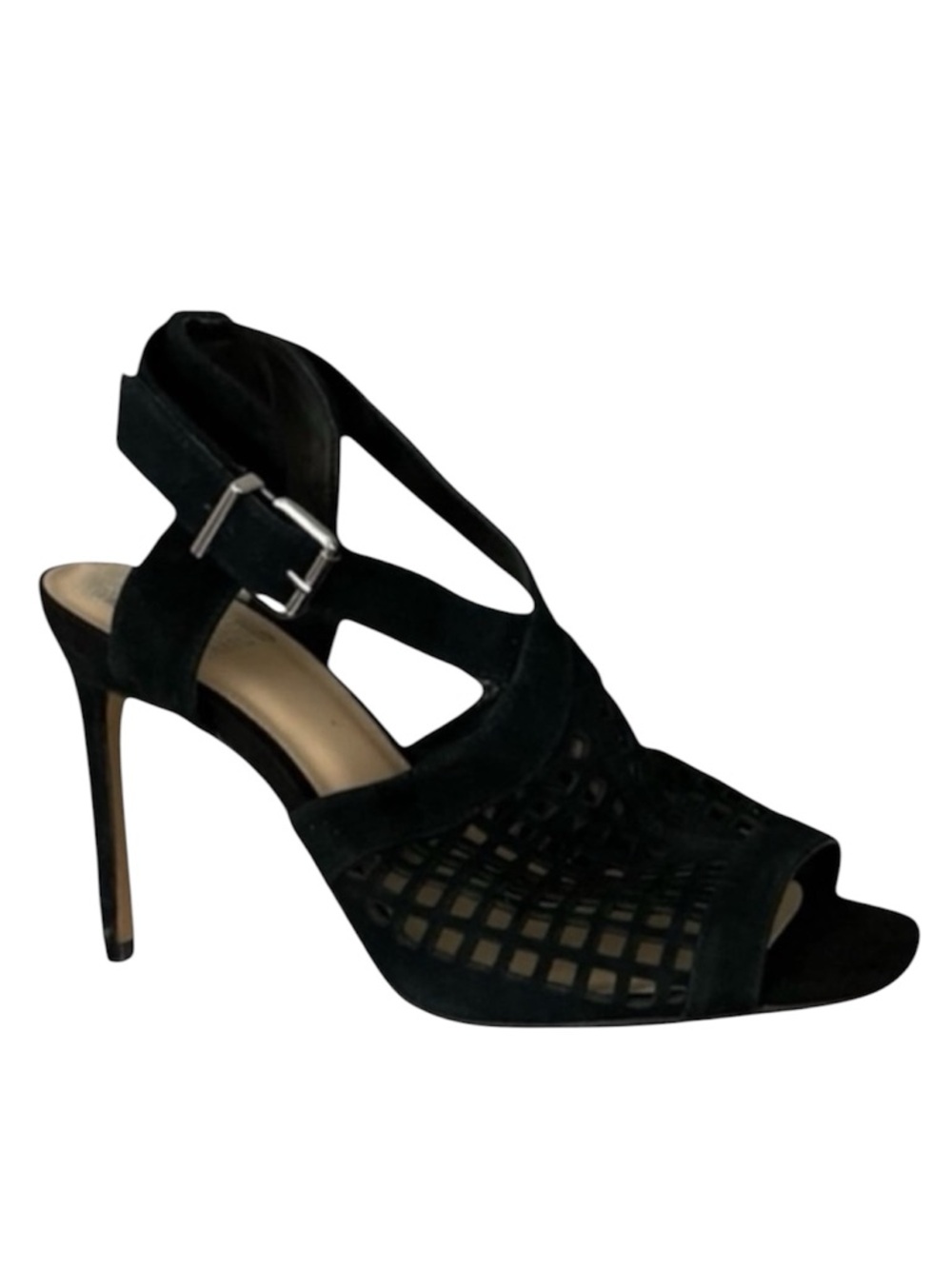Vince Camuto Black Leather‎ Heels Women’s 8.5 Black VP-PEVELT Laser Cut Open Toe